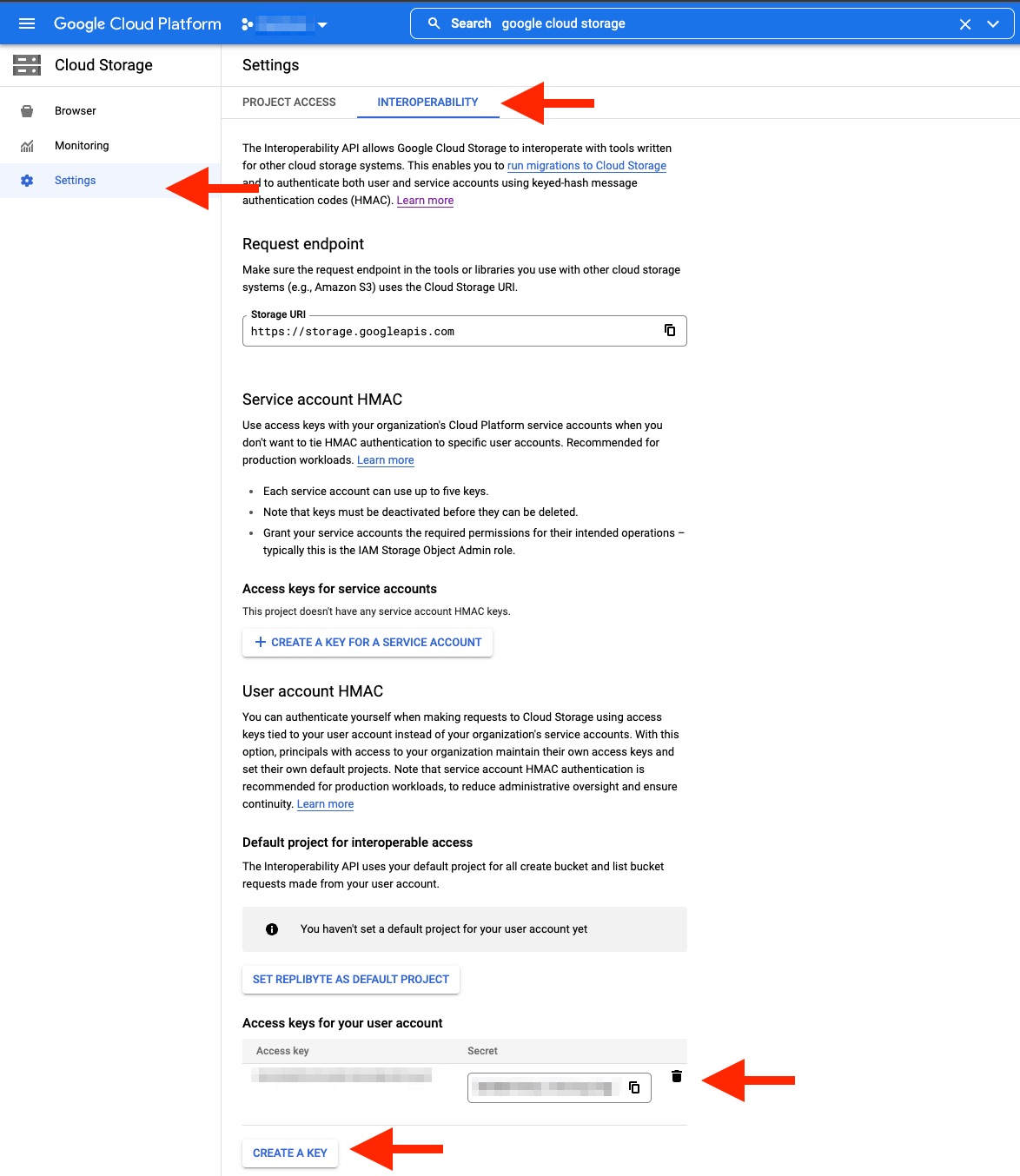 Screenshot to configure GCP cloud storage